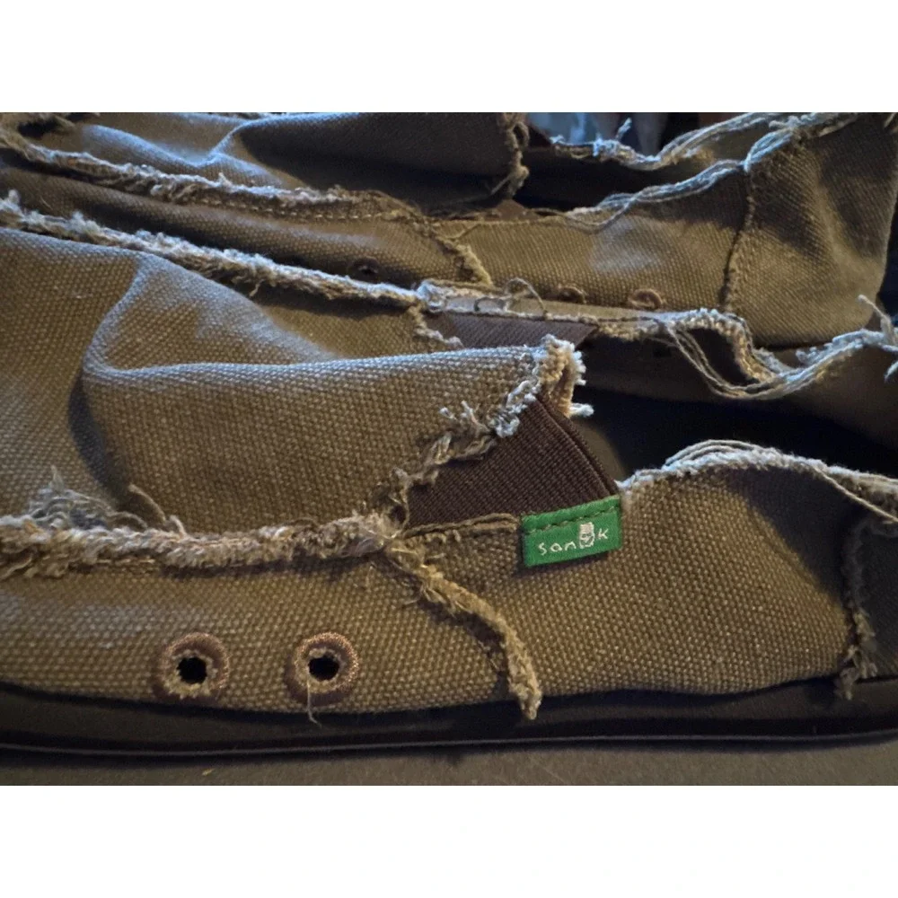 Sanuk Sidewalk Surfer Canvas Slip On Loafers Frayed Casual Shoes Brown Men's 10